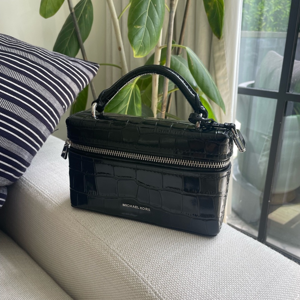 Michael Kors Black Croc-Embossed Top-Handle Vanity Bag